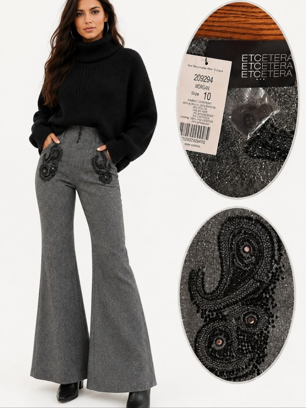 New Dark wool blend textured tweed Paisley embellished trousers NWT sz 10